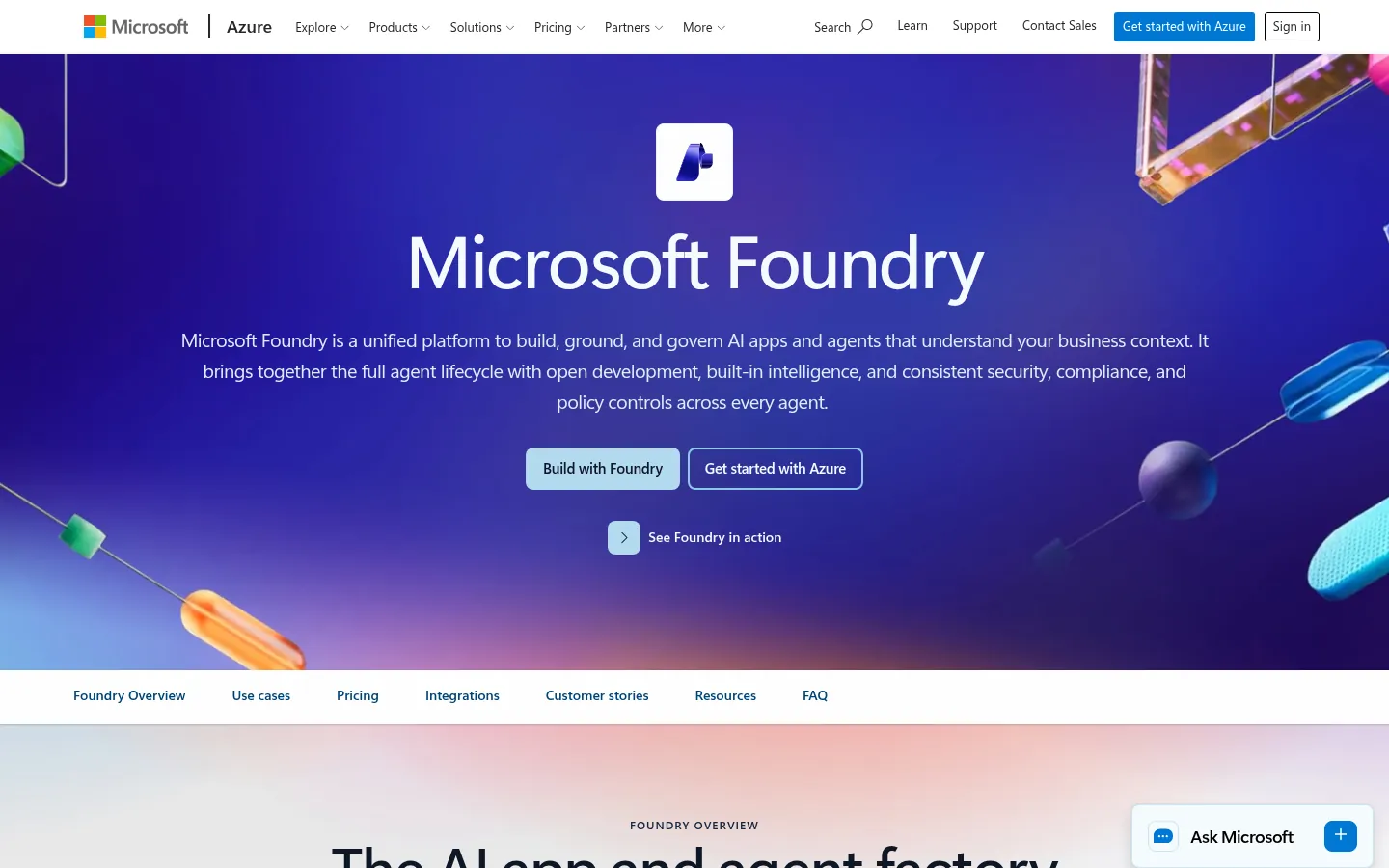 Microsoft Foundry website, showing the Microsoft Foundry product page on Azure