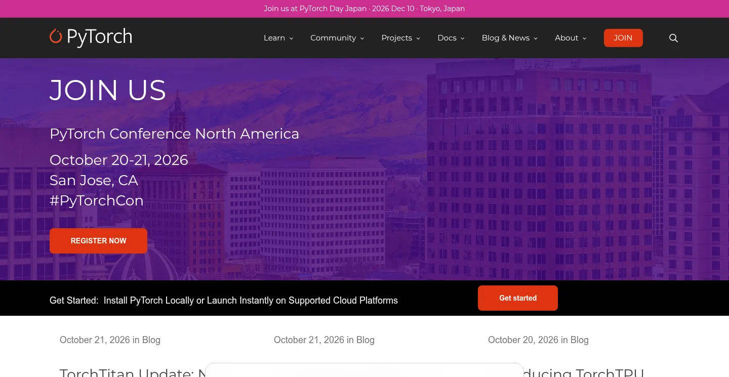 PyTorch website, showing the PyTorch Foundation home page with conference and blog news