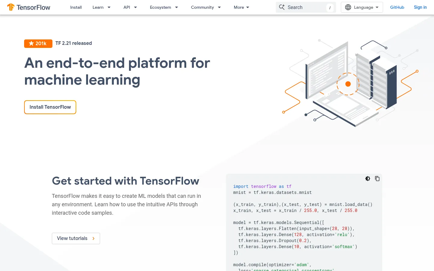 TensorFlow website, showing the TensorFlow home page and a Get started code sample
