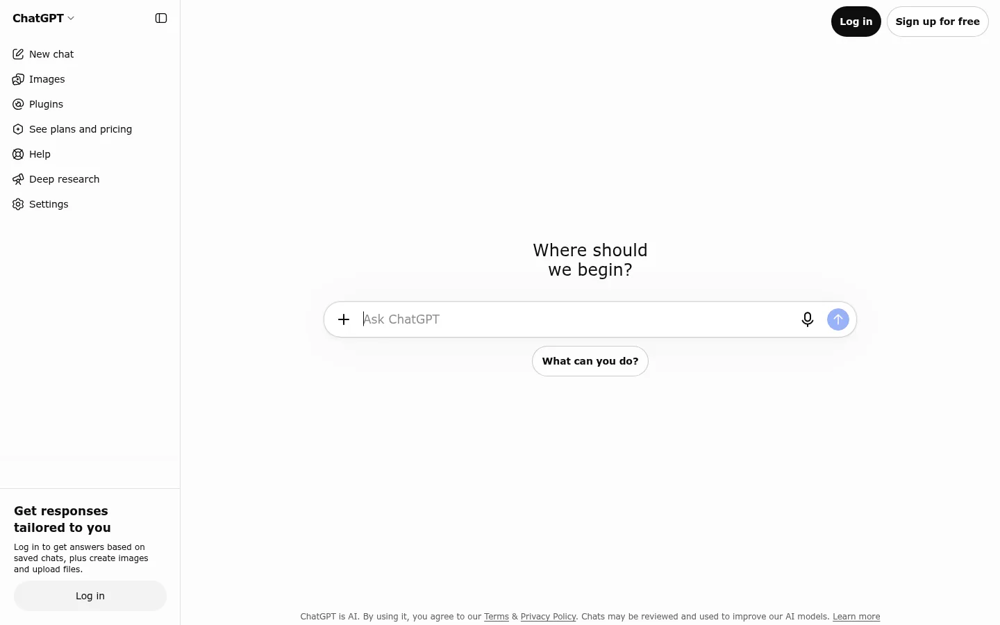 ChatGPT website, showing the chat start screen with a message box