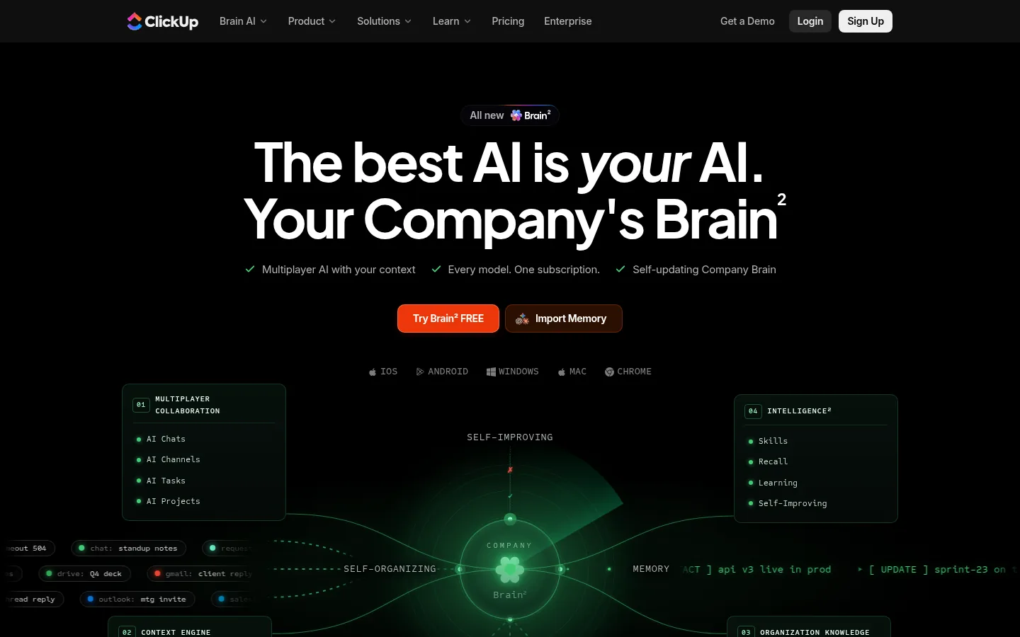 ClickUp Brain website, showing the ClickUp Brain page headline on a dark background