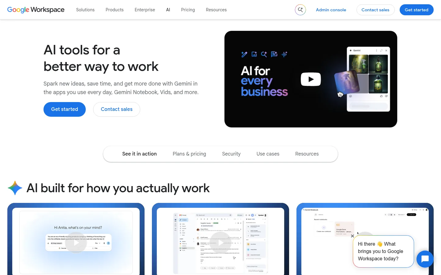 Google Workspace website, showing the Google Workspace AI page headline about AI tools for work