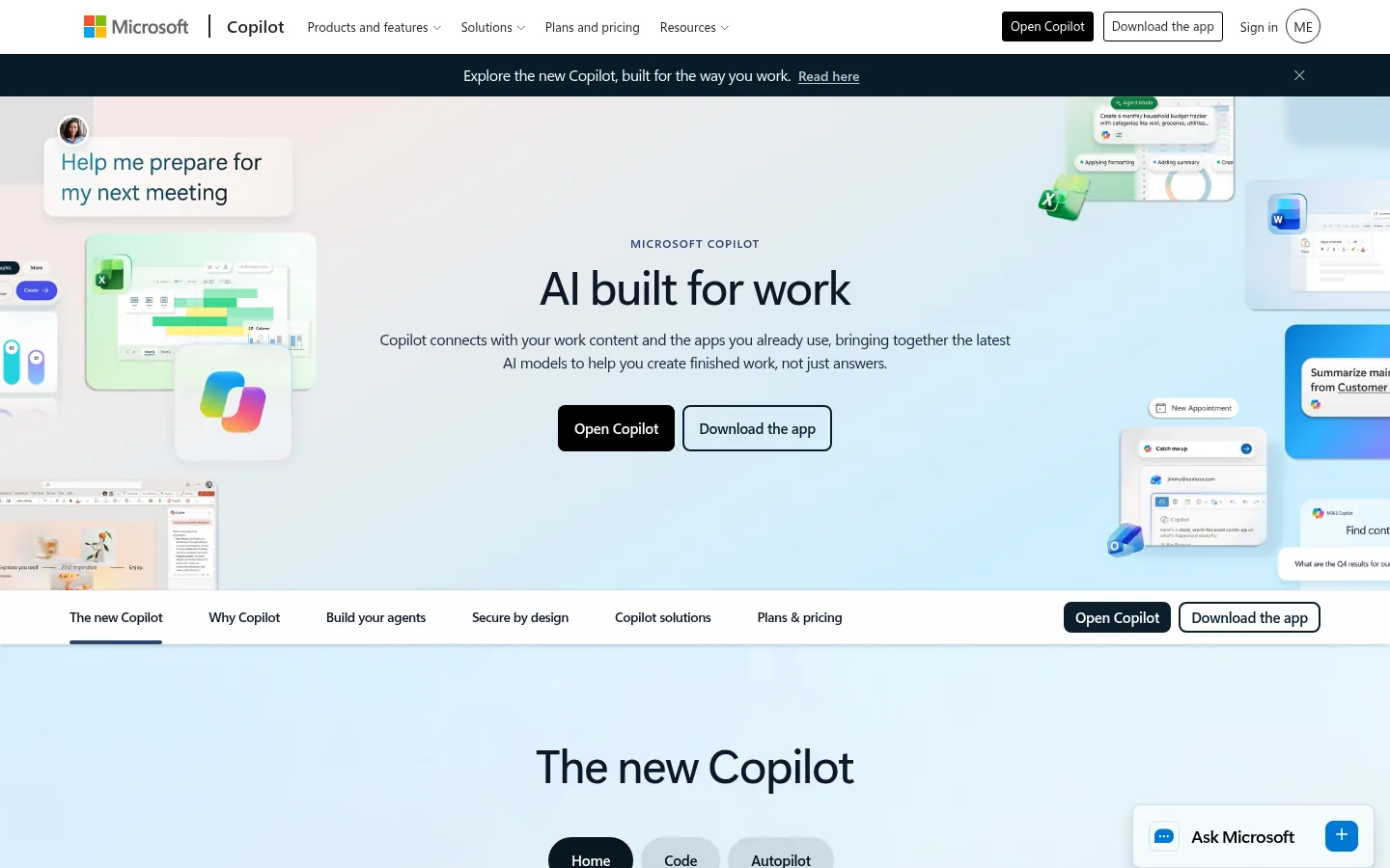 Microsoft 365 Copilot website, showing the Microsoft Copilot page headline AI built for work