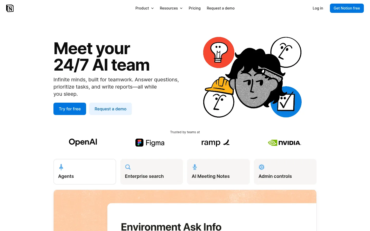 Notion AI website, showing the Notion AI page headline about a 24/7 AI team