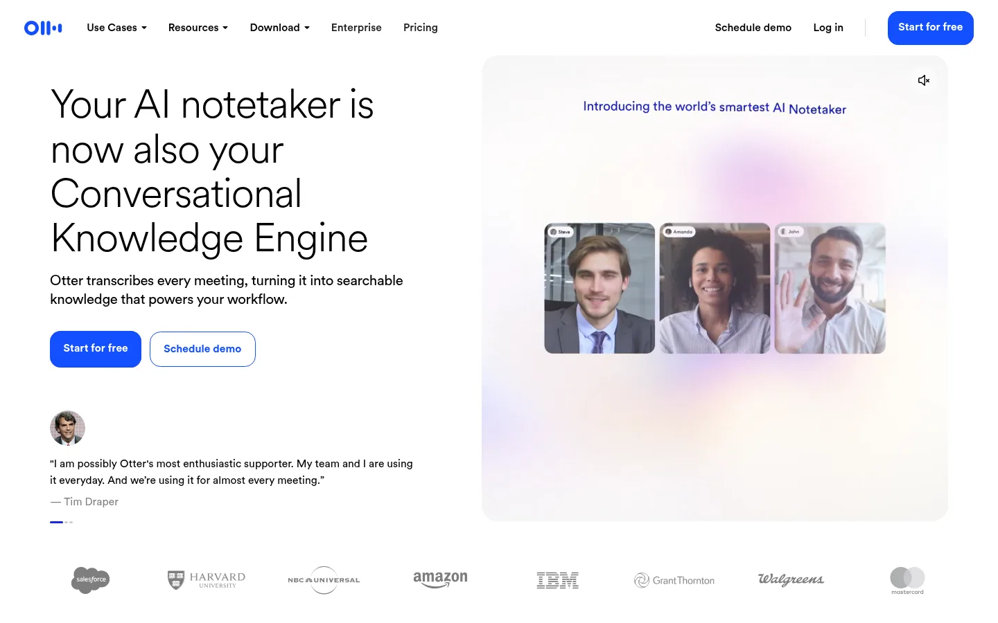 Otter.ai website, showing the home page headline about its AI notetaker beside meeting video tiles