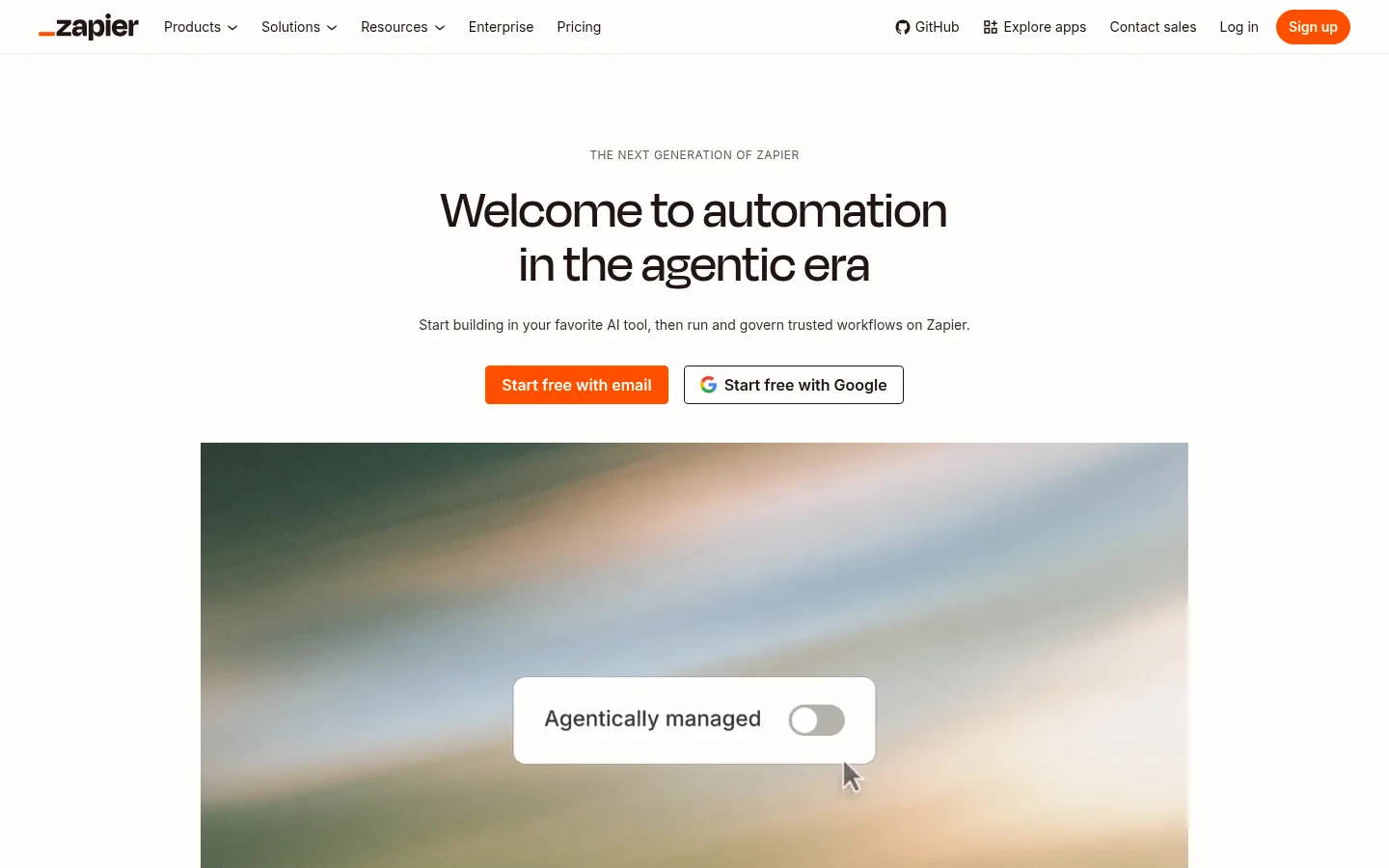 Zapier website, showing the home page headline about automation in the agentic era