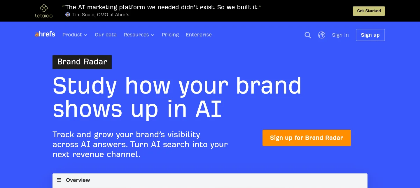 Ahrefs Brand Radar website, showing the Brand Radar page about how your brand shows up in AI