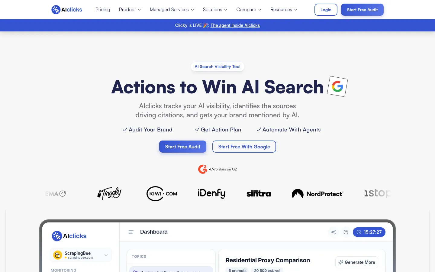 AIclicks website, showing the home page with free audit buttons and a sample dashboard