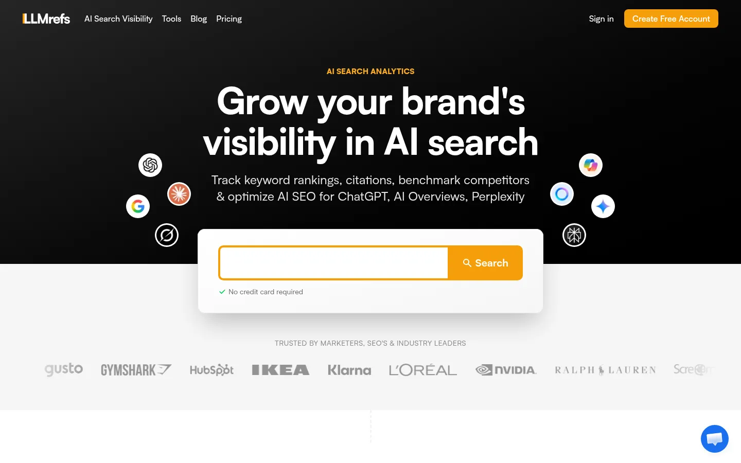 LLMrefs website, showing the home page with a keyword box for checking AI search visibility
