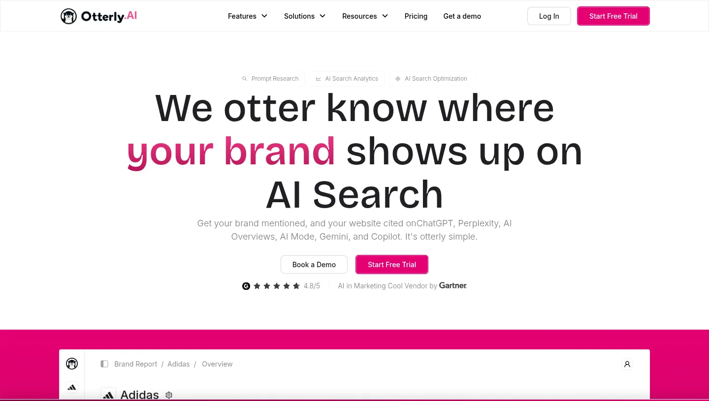 Otterly.AI website, showing the home page headline about where your brand shows up in AI search
