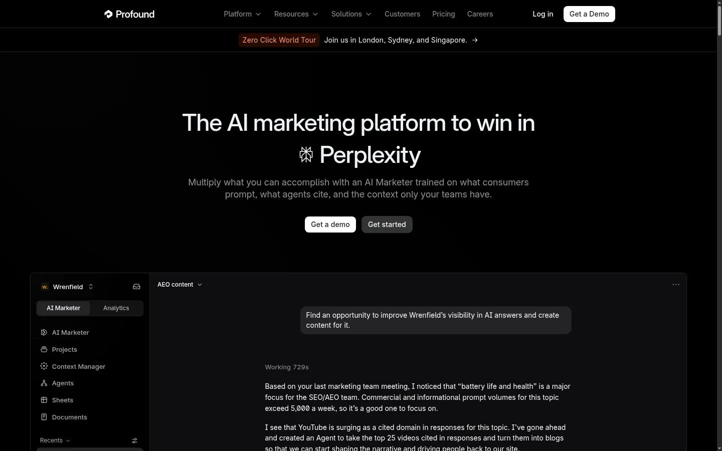 Profound website, showing the AI marketing platform home page with a sample agent workspace