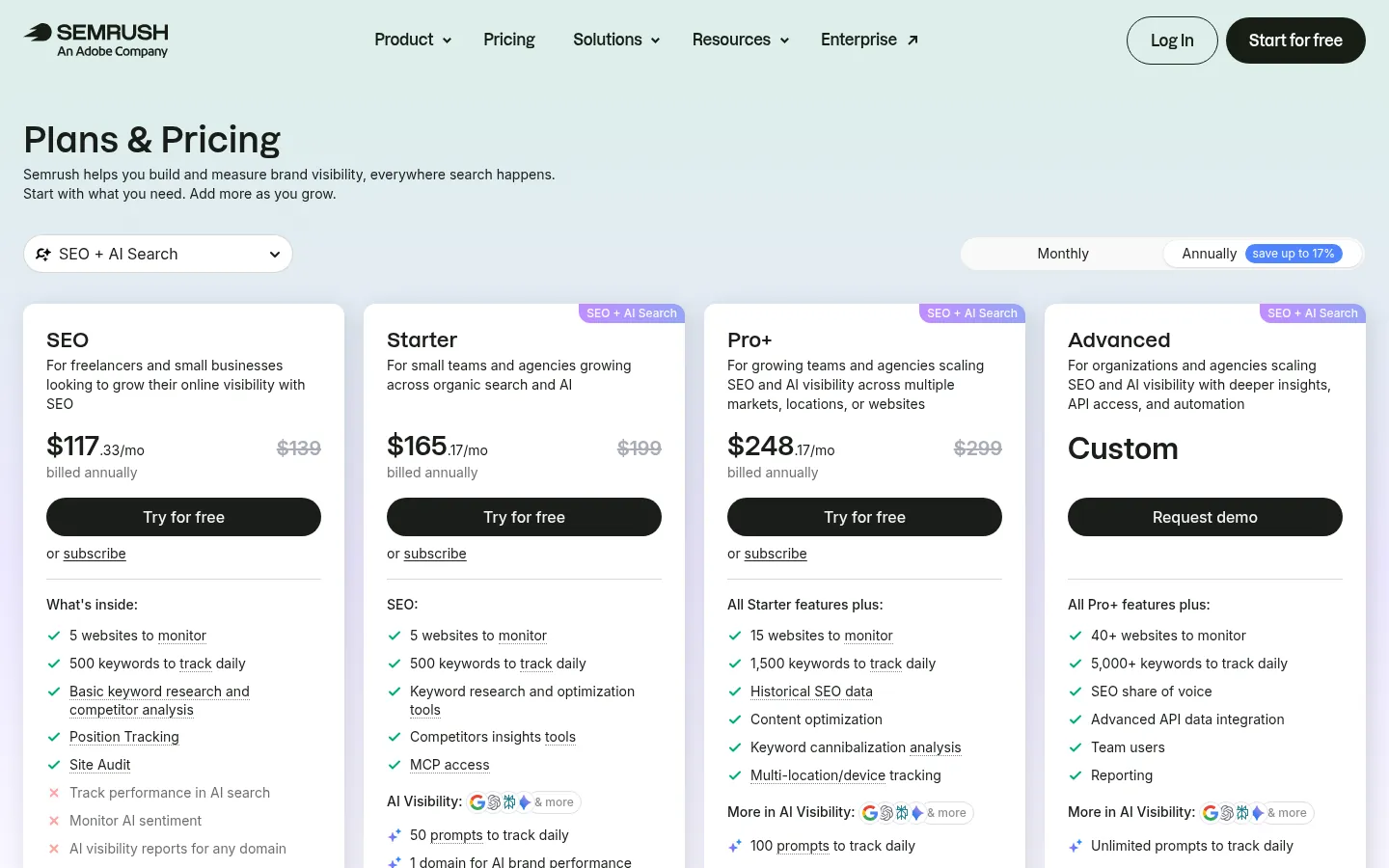 Semrush website, showing the SEO and AI Search plans and pricing page