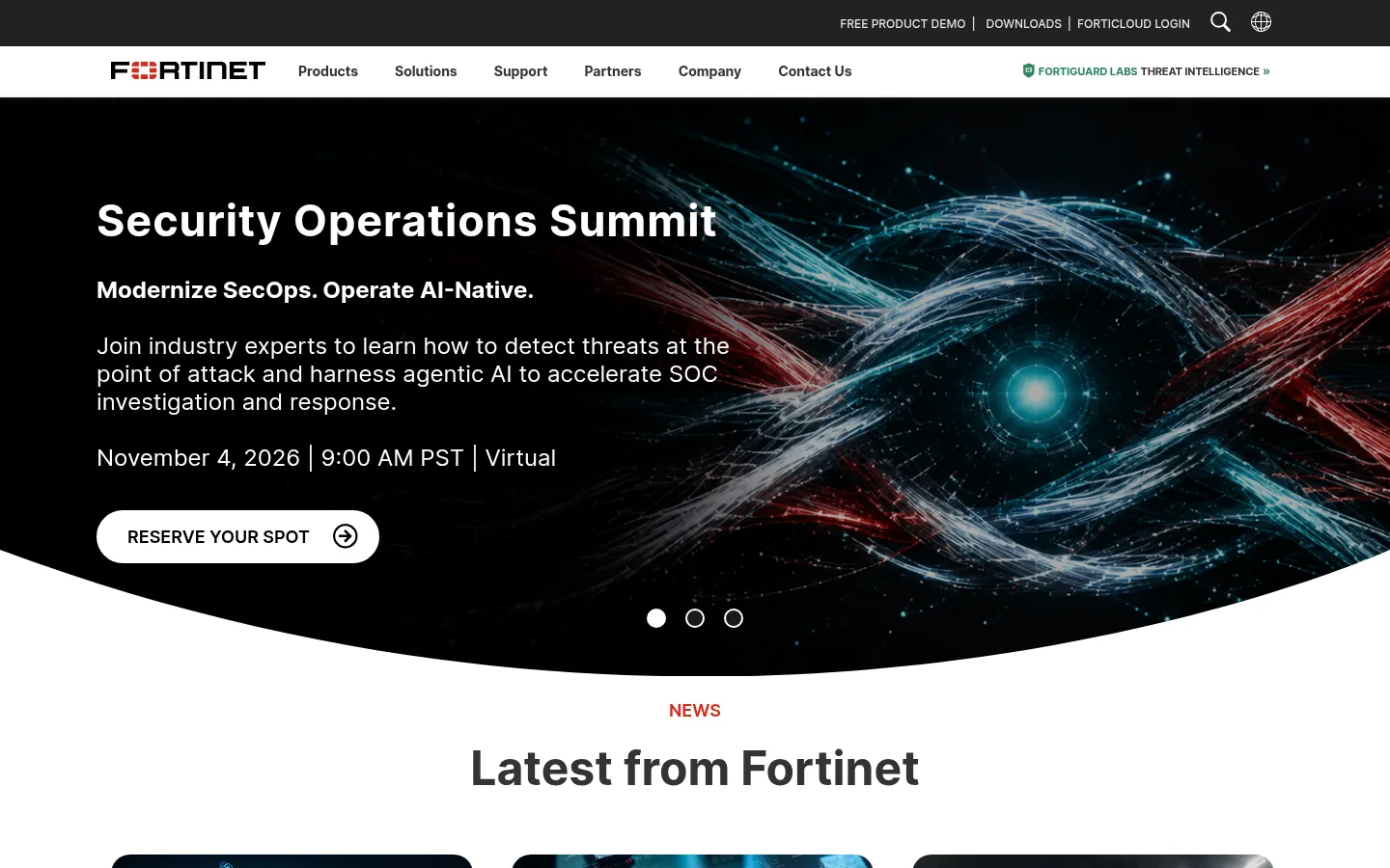 Fortinet website, showing the home page banner for its Security Operations Summit