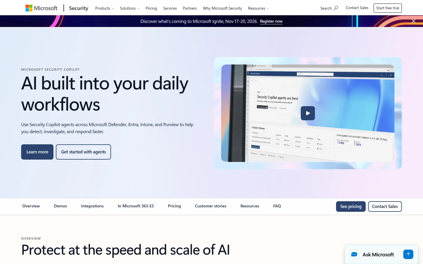 Microsoft Security Copilot website, showing the Security Copilot page headline about AI in daily security workflows