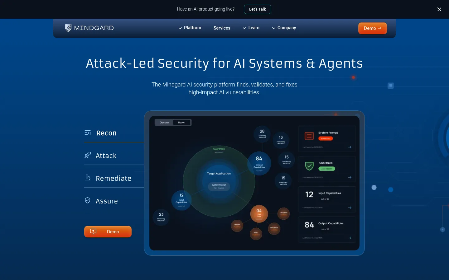 Mindgard website, showing the home page headline about security testing for AI systems beside a dashboard