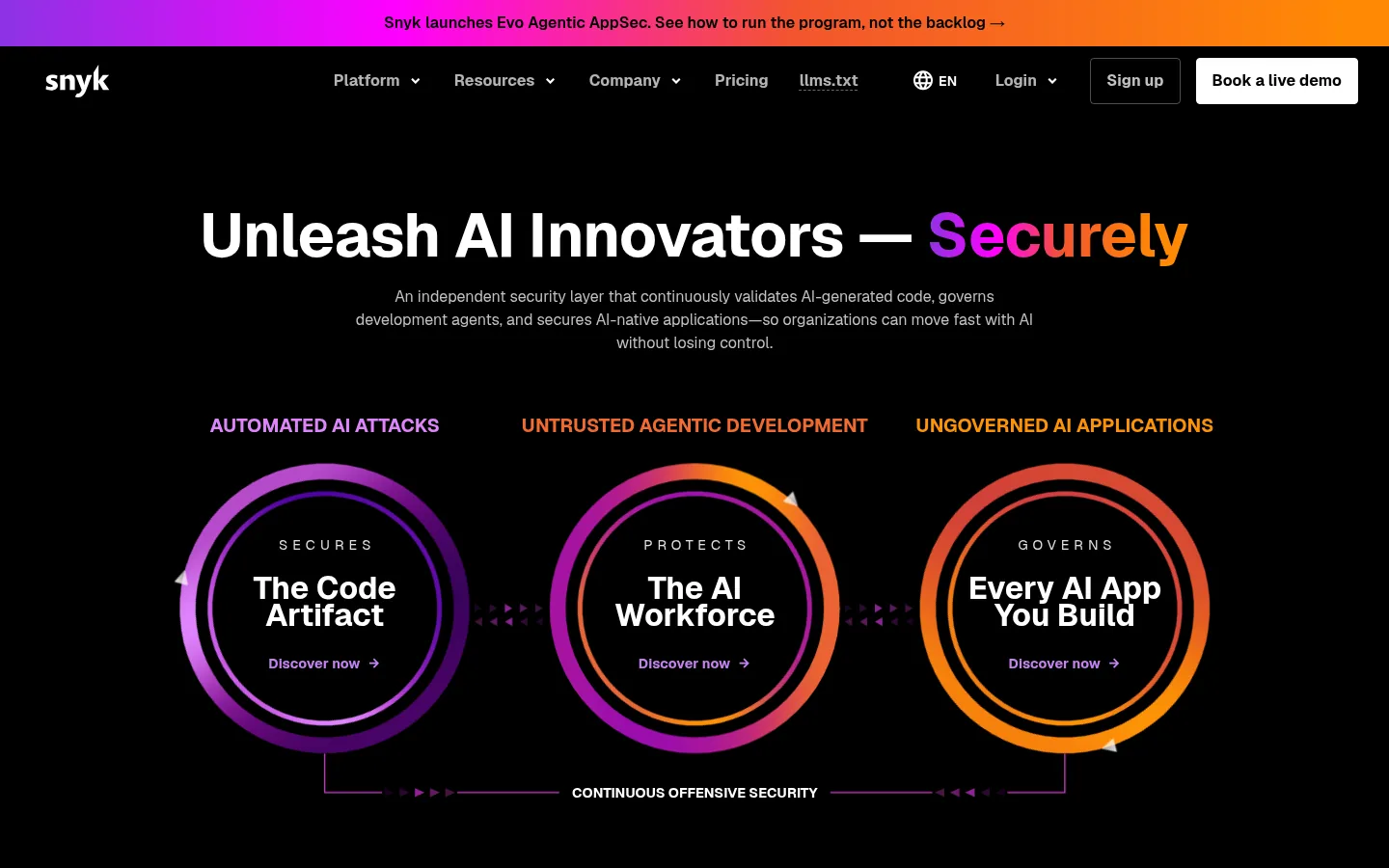 Snyk website, showing the home page headline about securing AI development with three product panels