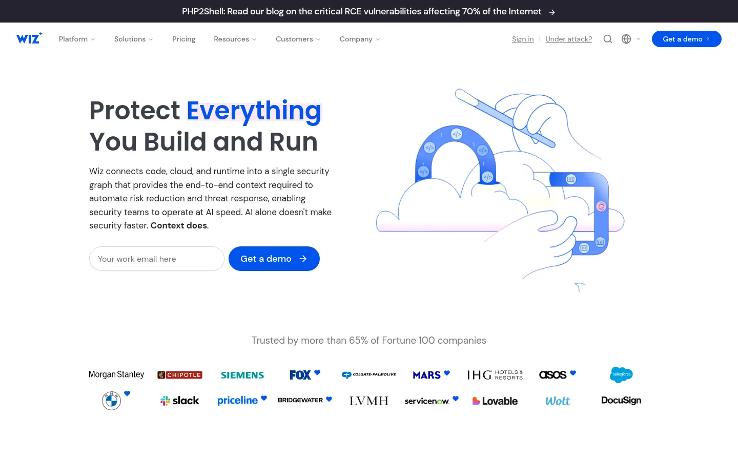 Wiz website, showing the home page headline about protecting everything you build and run above customer logos