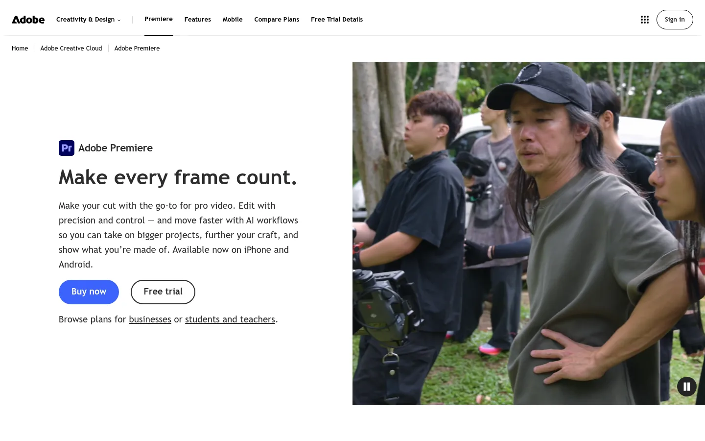 Adobe Premiere Pro website, showing the Adobe Premiere product page headline beside a film shoot photo