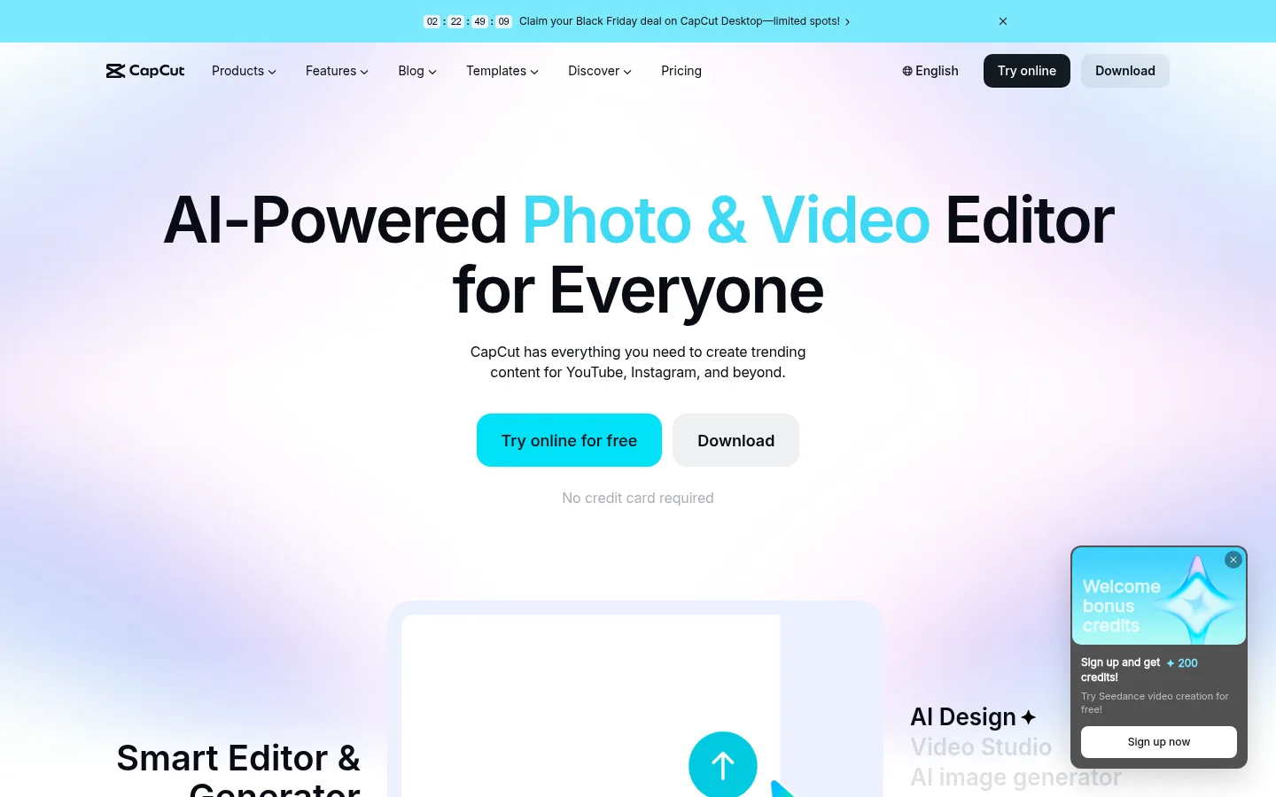 CapCut website, showing the home page headline about a photo and video editor for everyone