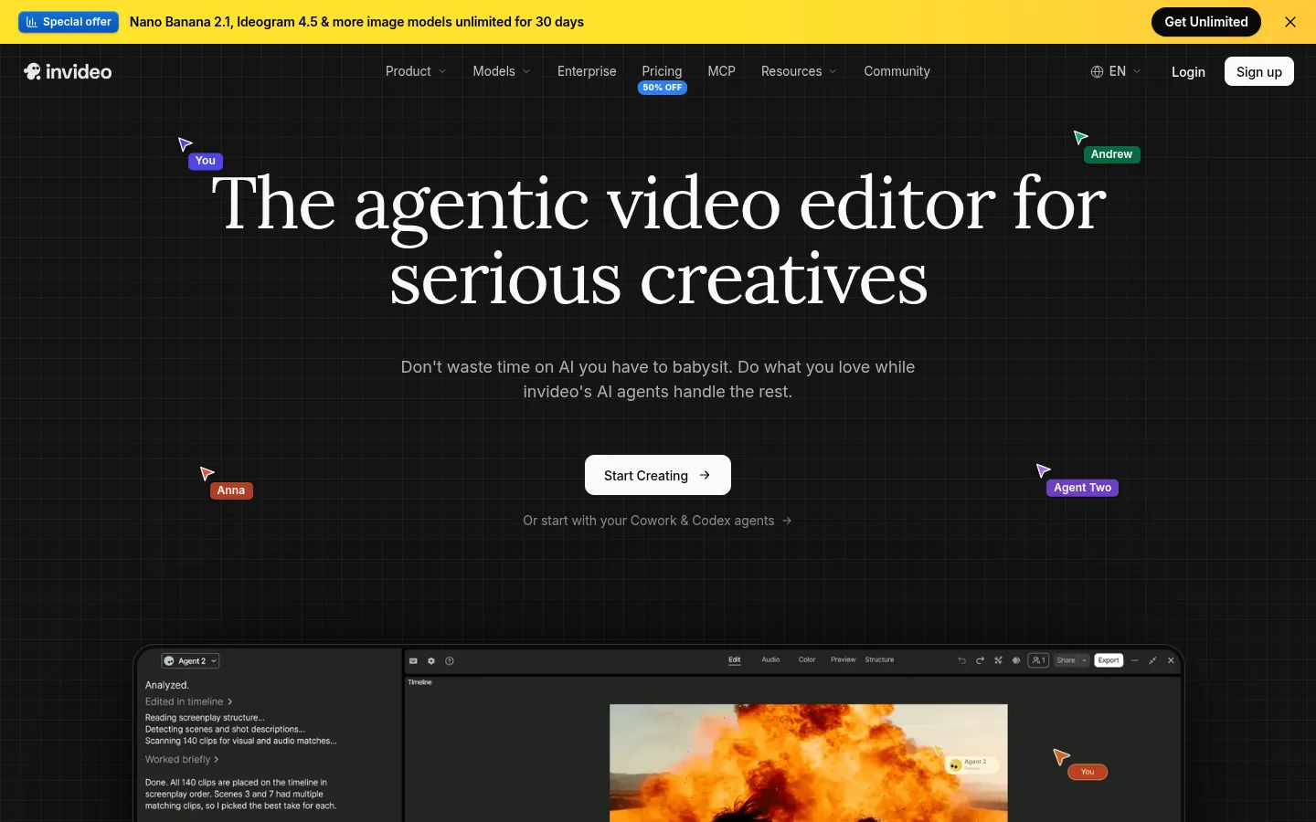 invideo AI website, showing the home page headline about a video editor for creatives on a dark background