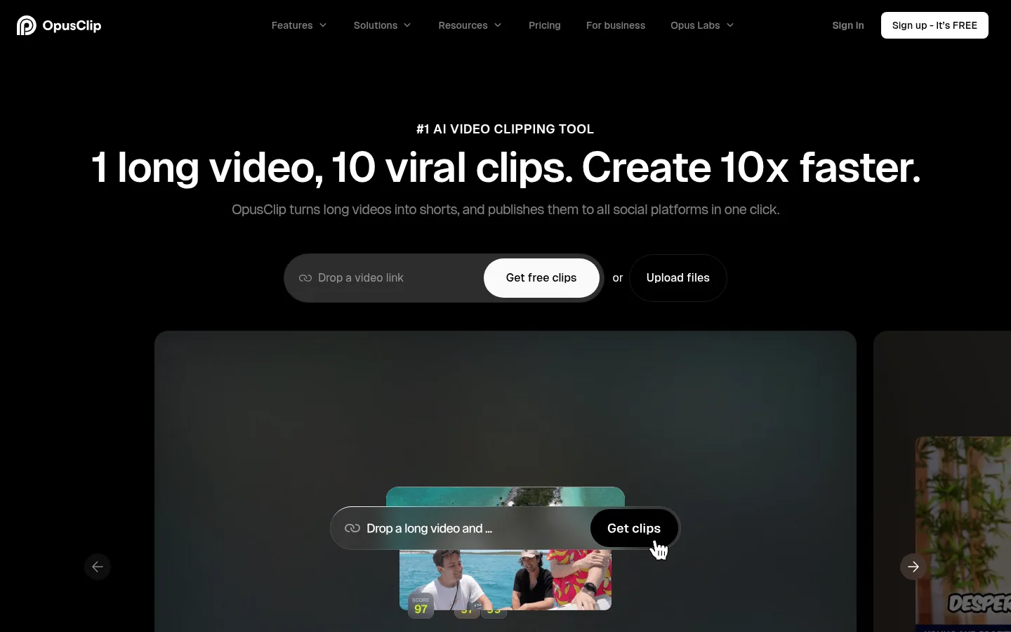 OpusClip website, showing the home page headline about turning one long video into clips above a link box