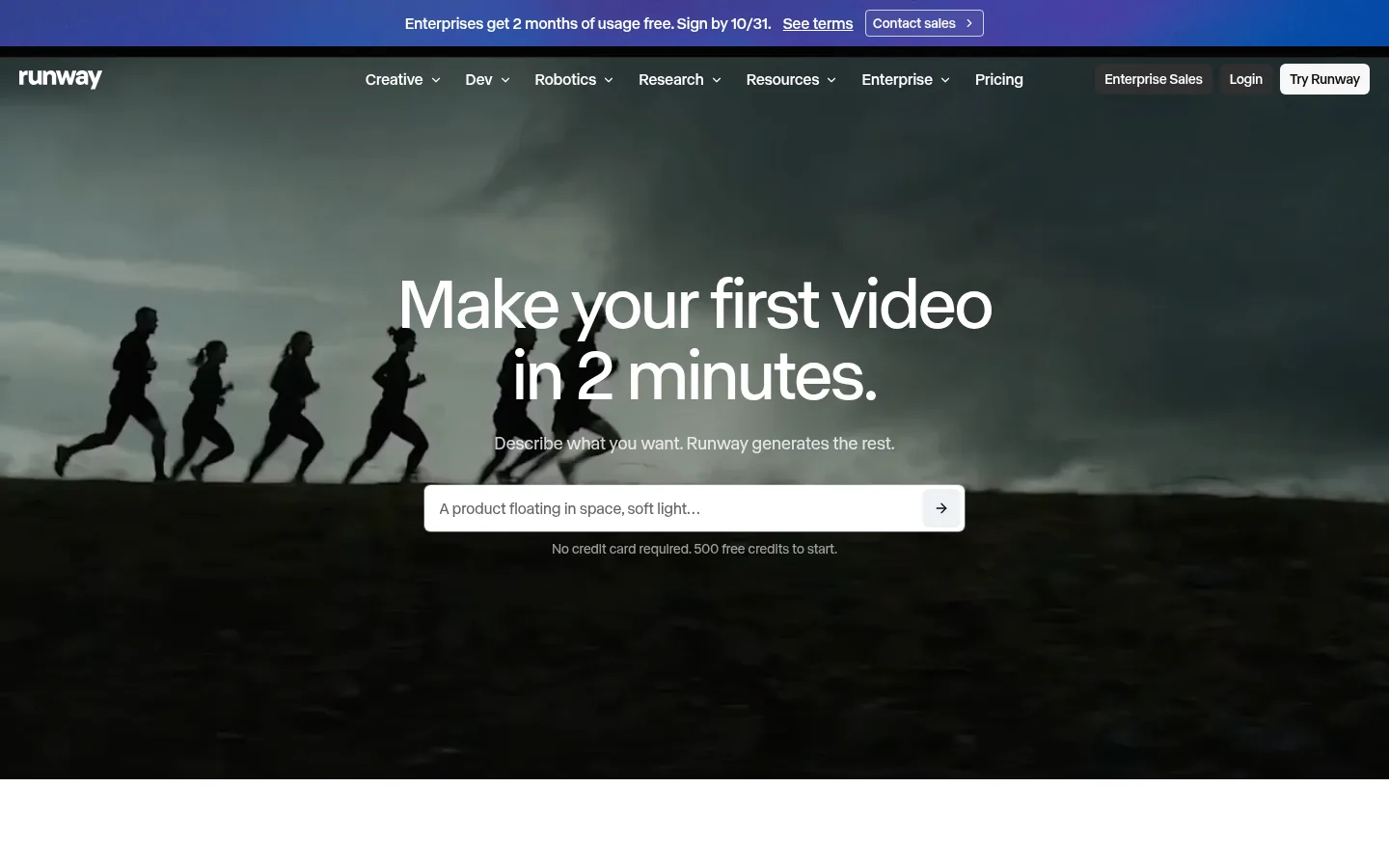 Runway website, showing the runway.com home page with a video prompt box over a film still