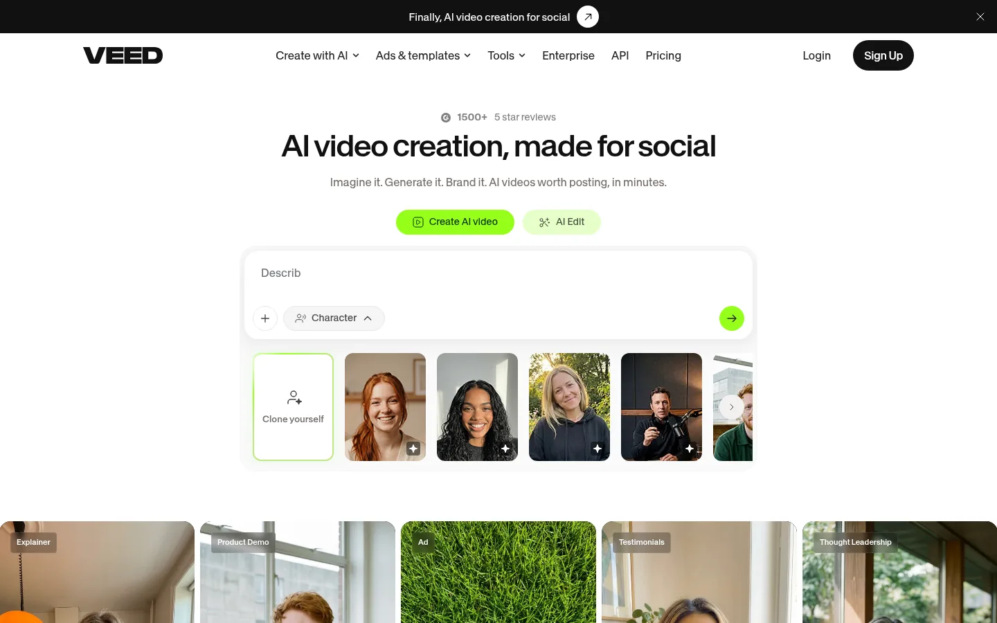 VEED website, showing the home page headline about AI video creation for social with avatar options