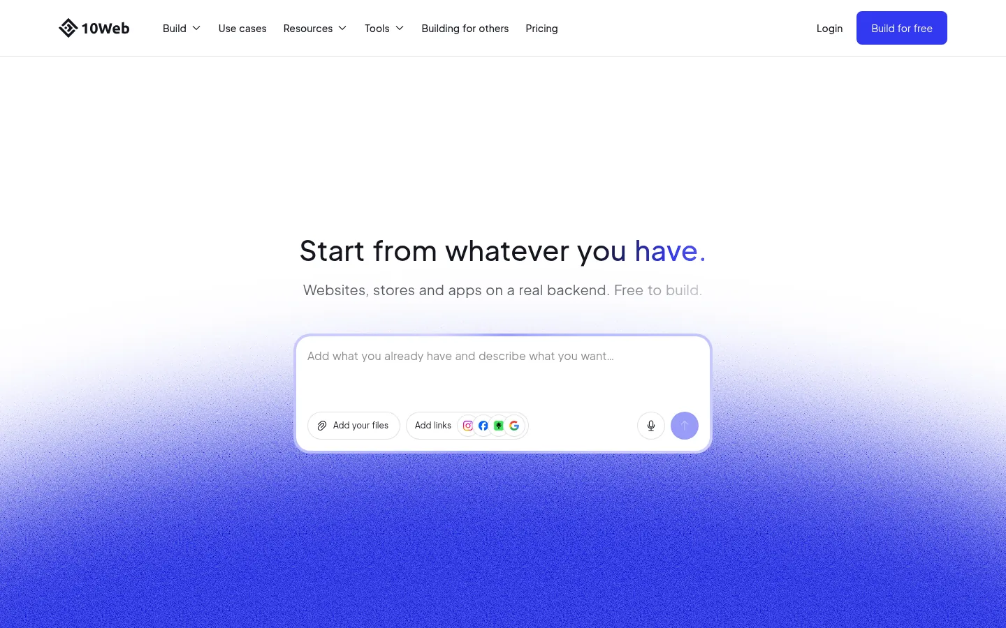 10Web website, showing the home page with a prompt box for describing the site you want to build