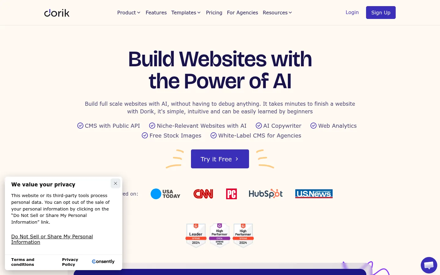 Dorik website, showing the home page headline about building websites with AI and a privacy notice