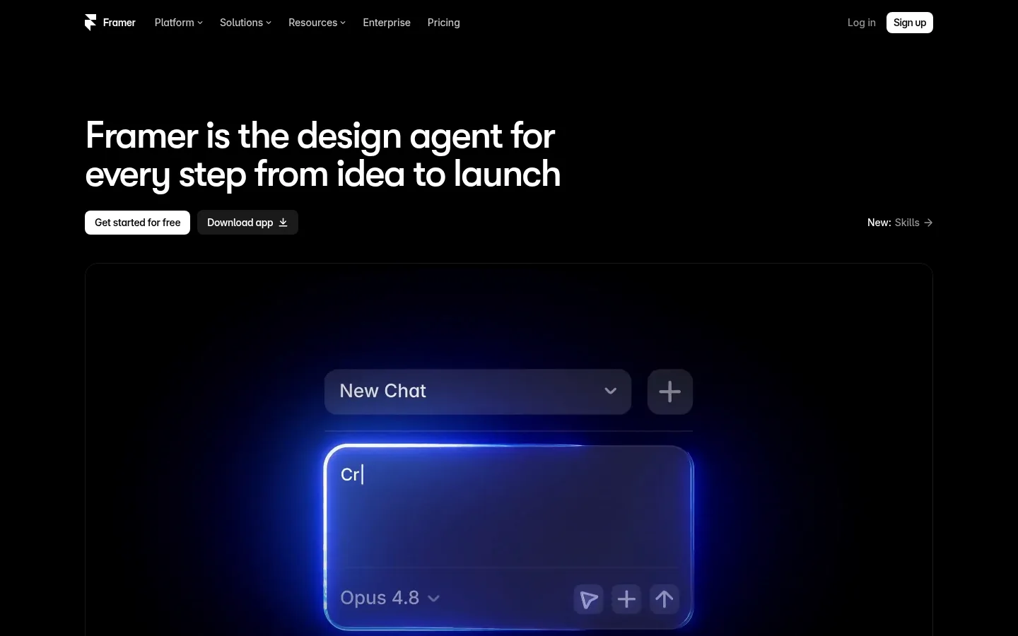 Framer website, showing the home page headline about its design agent above a chat box