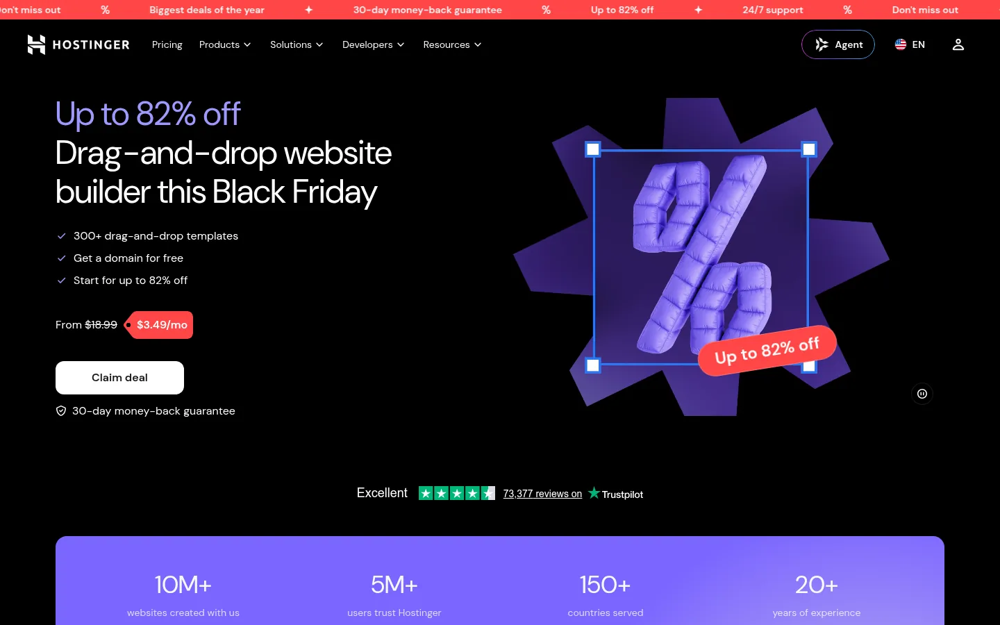 Hostinger Website Builder website, showing the website builder page with a Black Friday discount offer