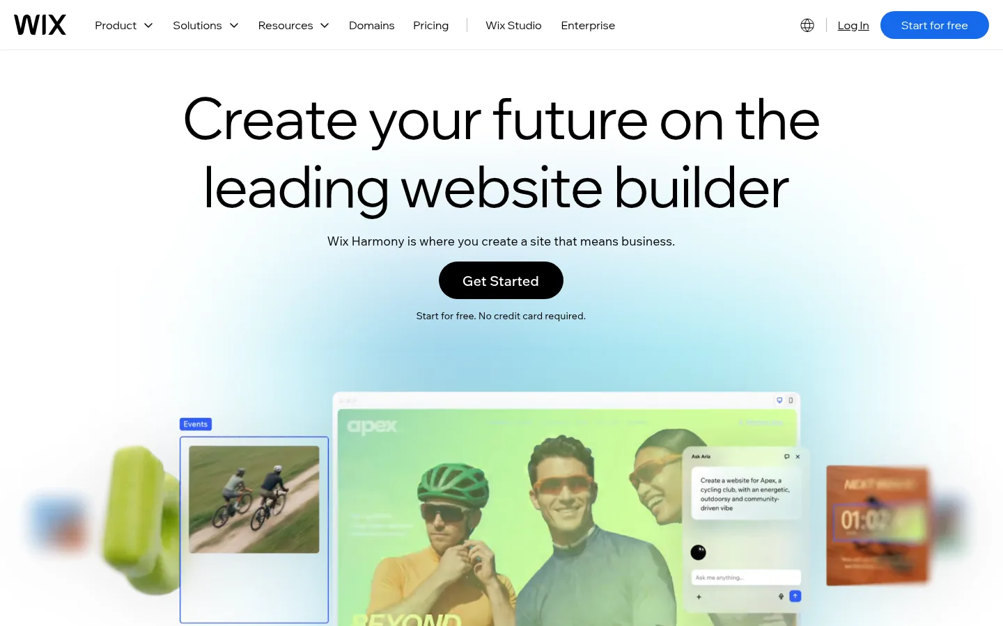 Wix website, showing the home page headline and Get Started button above editor previews