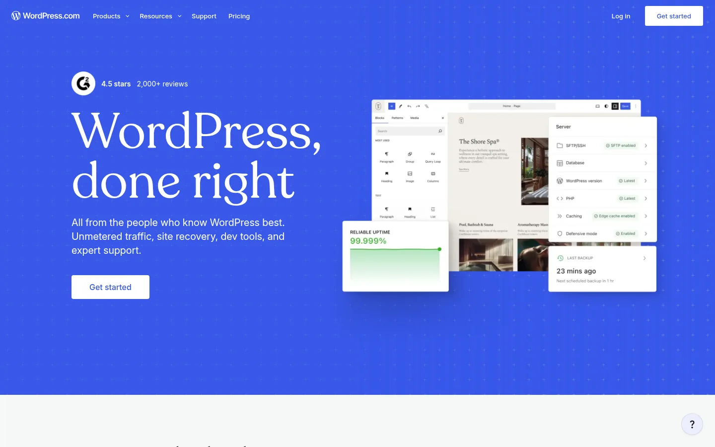 WordPress.com website, showing the home page headline WordPress done right beside a site dashboard