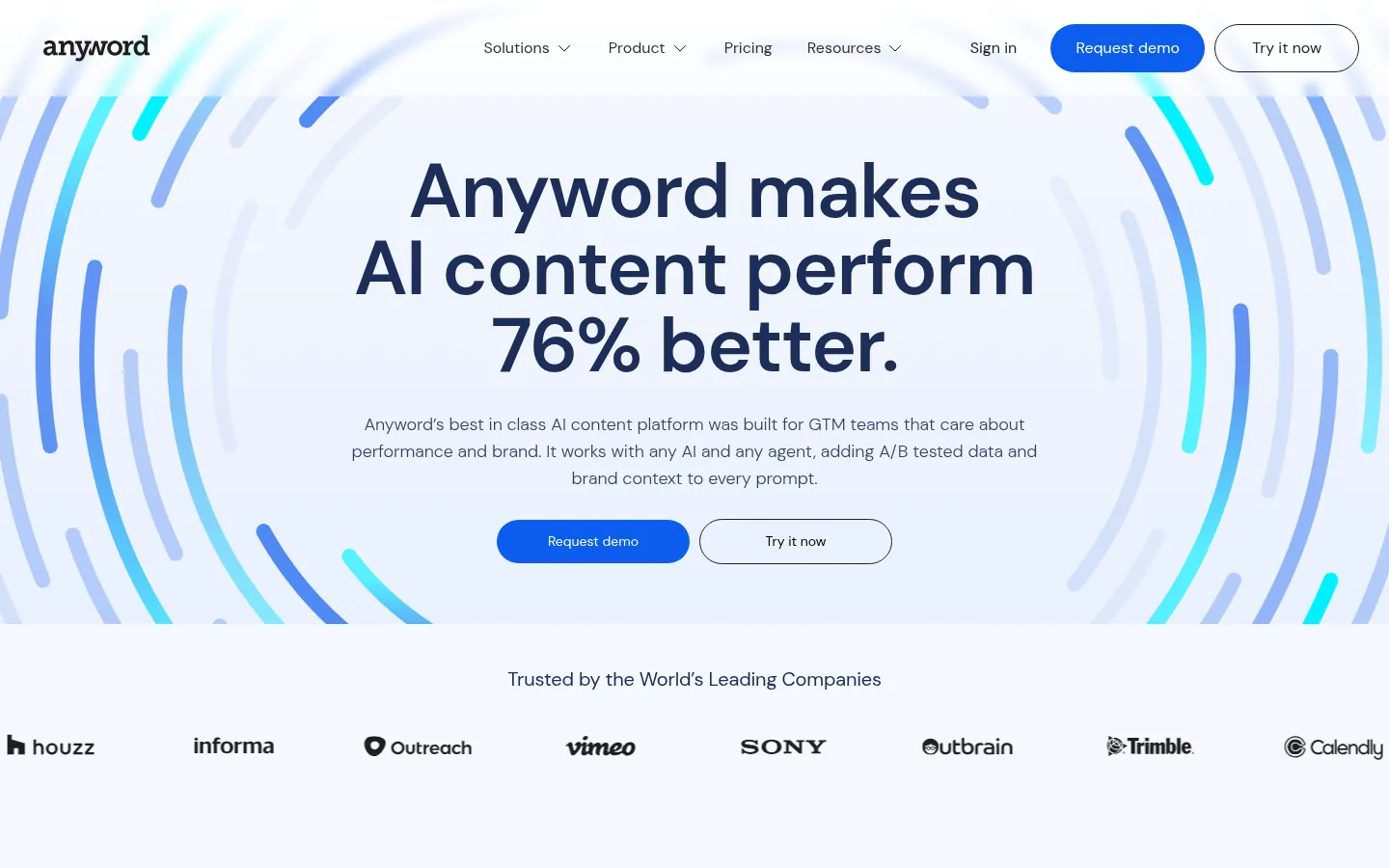 Anyword website, showing the home page about AI content performance