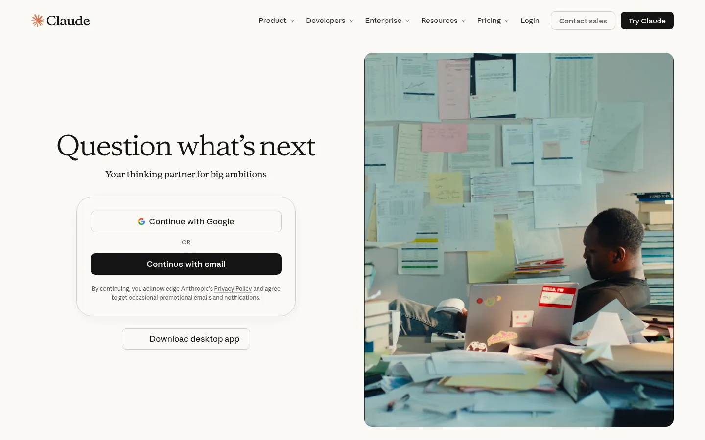 Claude website, showing the Claude home page with sign up options