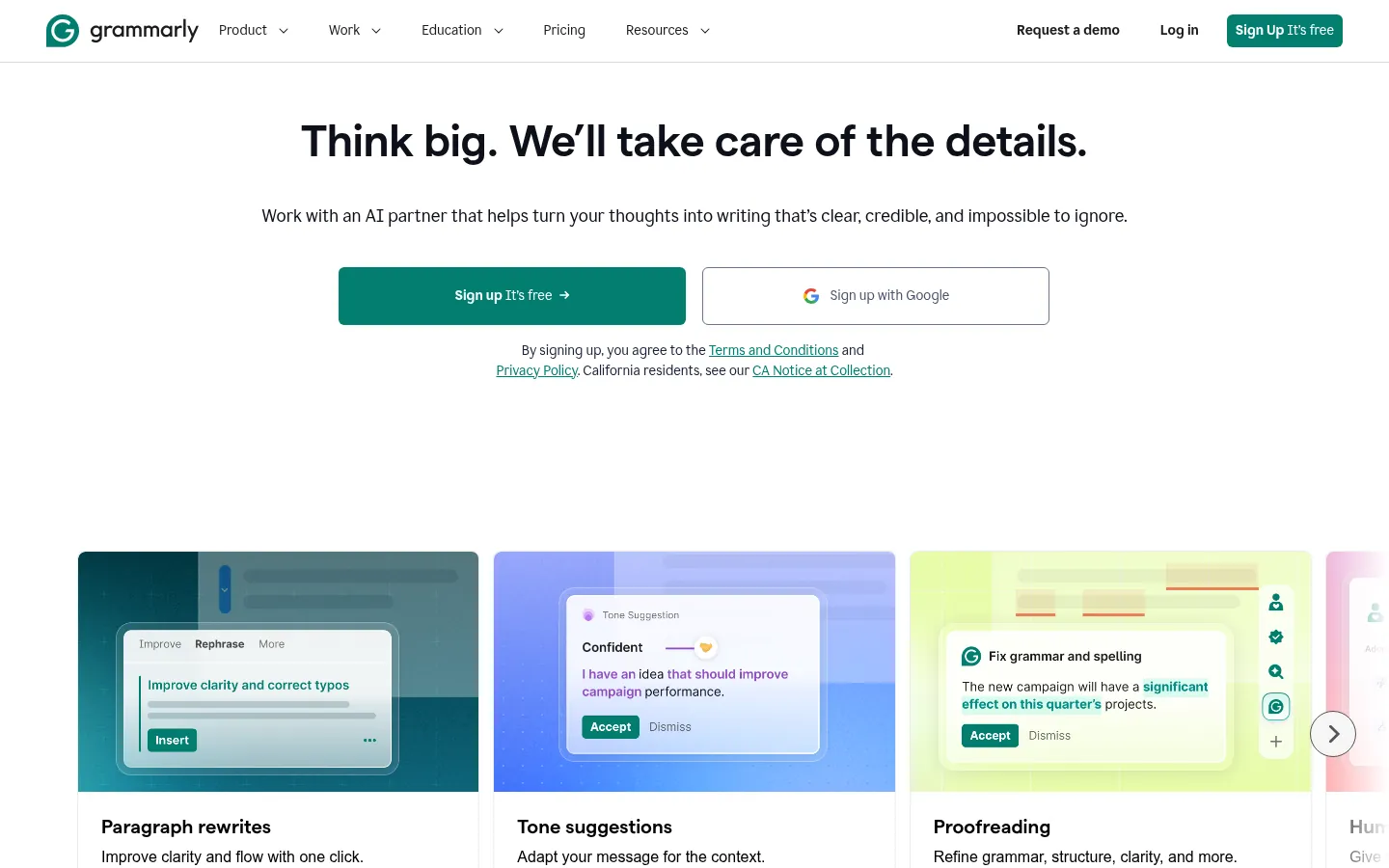 Grammarly website, showing the home page with sign up buttons and feature cards