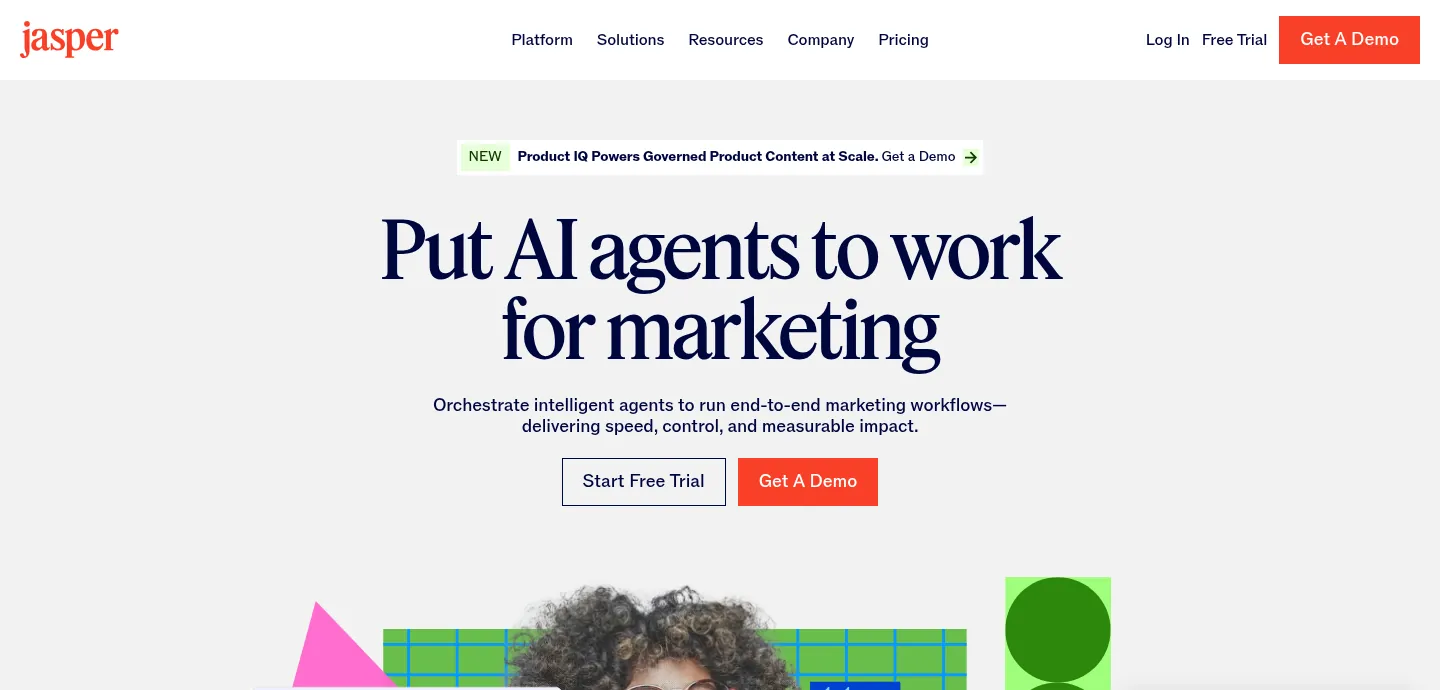 Jasper website, showing the home page about AI agents for marketing