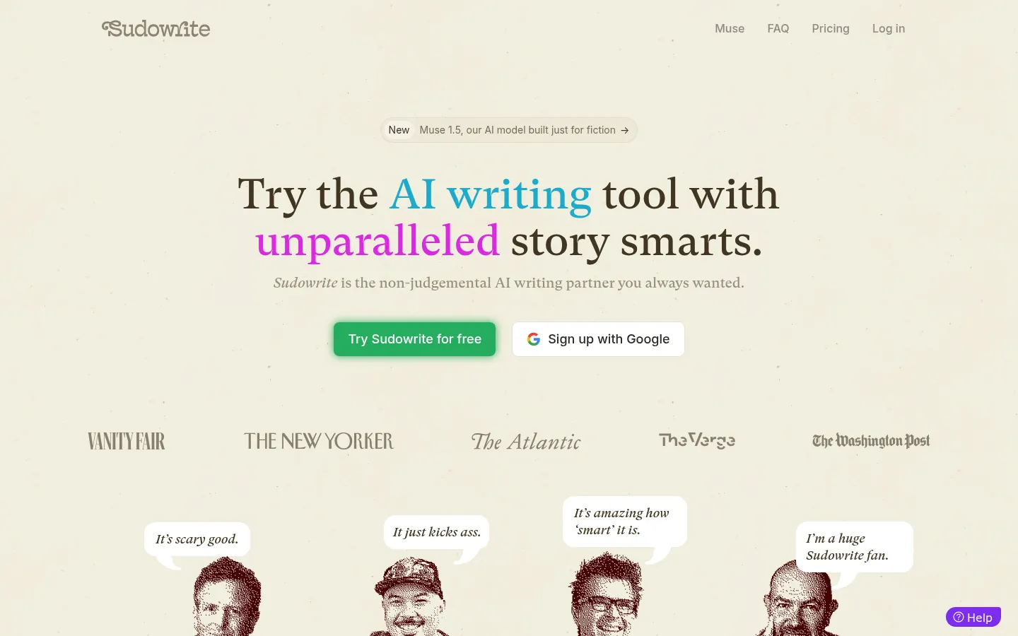 Sudowrite website, showing the home page about AI writing for fiction