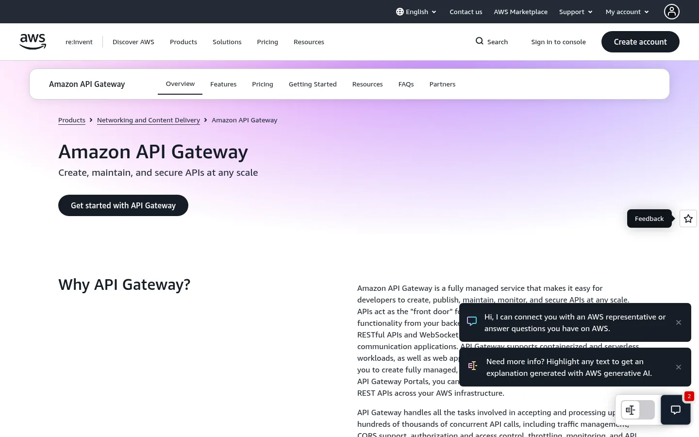 Amazon API Gateway website, showing the Amazon API Gateway product page with its overview and Get started button