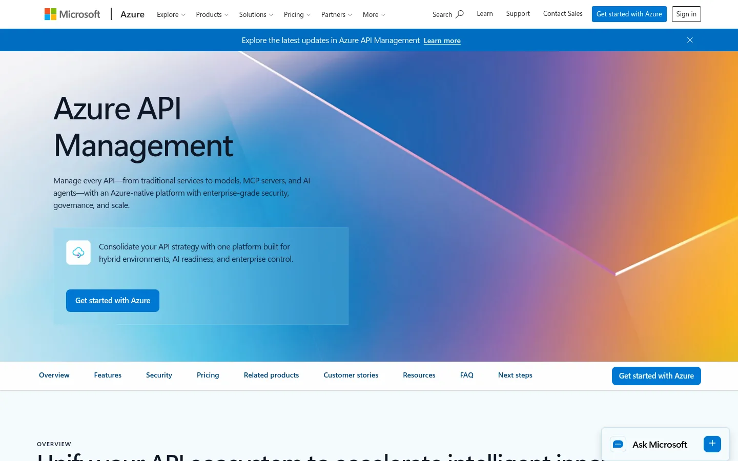 Azure API Management website, showing the Azure API Management product page header