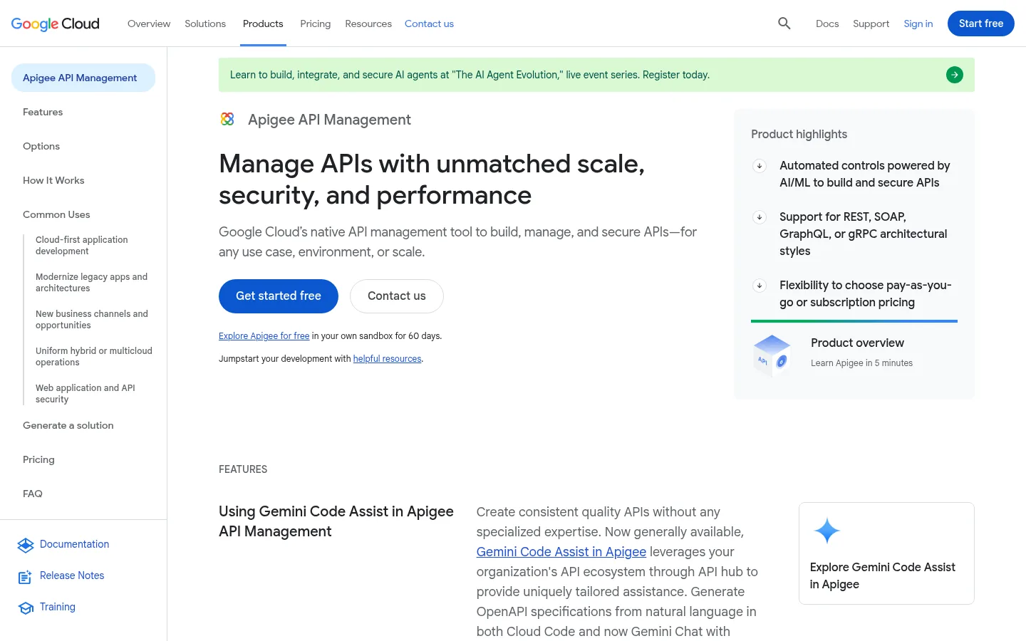 Google Apigee website, showing the Apigee API Management product page on Google Cloud