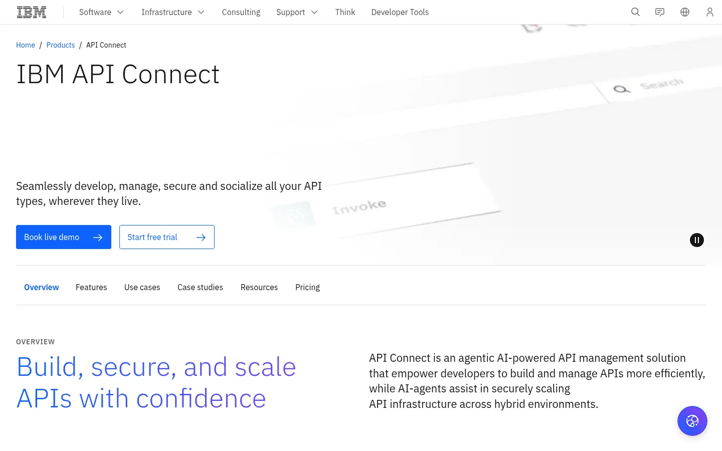 IBM API Connect website, showing the IBM API Connect product page header