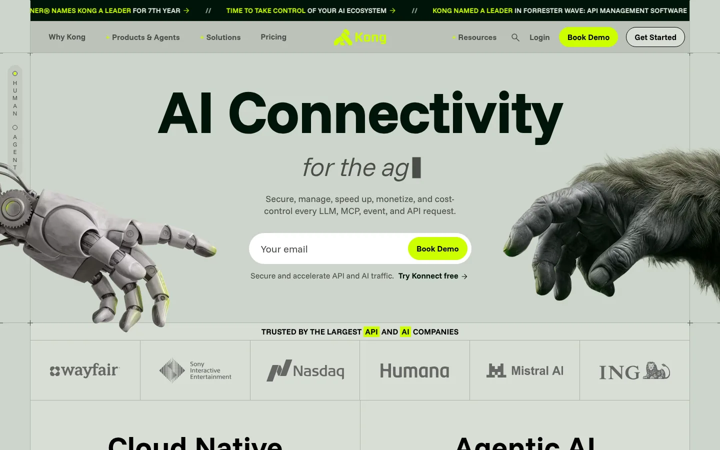 Kong website, showing the home page headline about AI connectivity with customer logos
