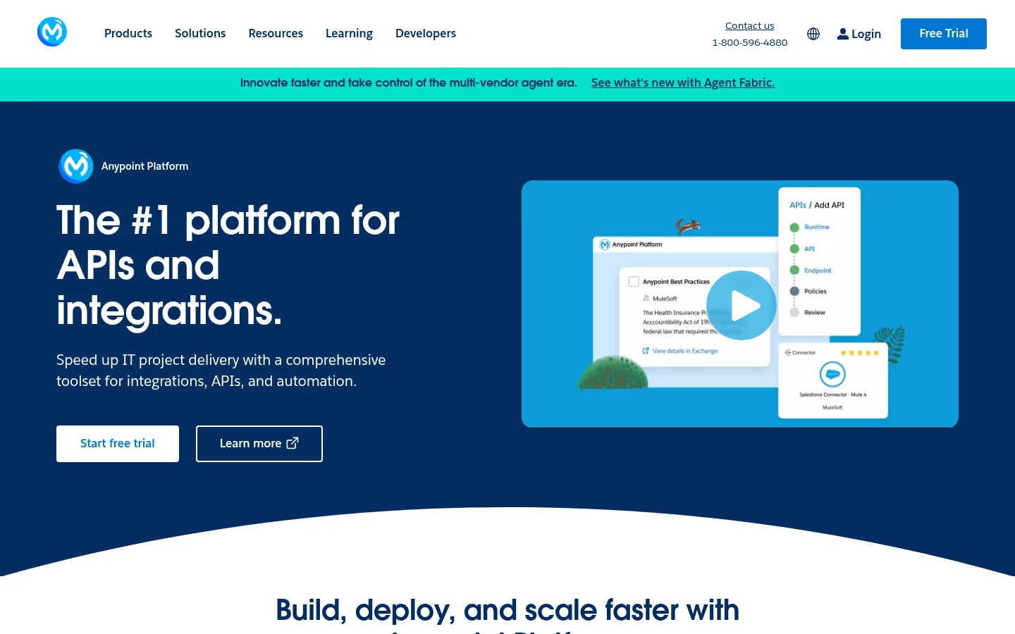 MuleSoft Anypoint Platform website, showing the Anypoint Platform page headline about APIs and integrations