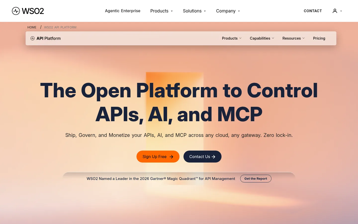 WSO2 API Manager website, showing the WSO2 API Platform page headline about APIs, AI and MCP