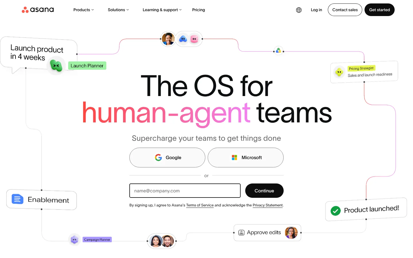 Asana website, showing the home page headline about teams of people and agents beside a sign up form