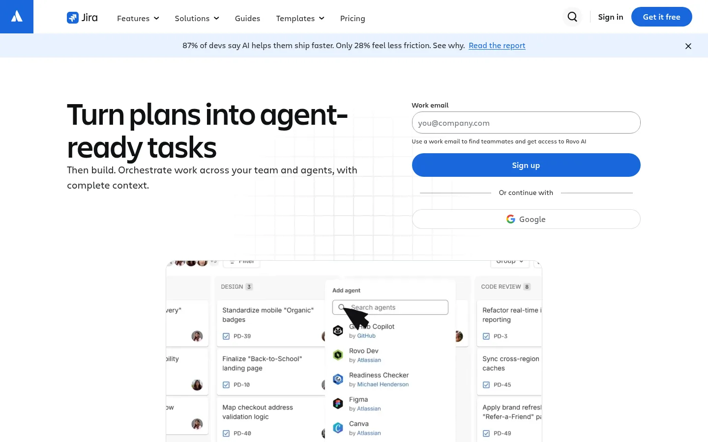 Jira website, showing the Jira page headline about tasks for teams and agents beside a sign up form
