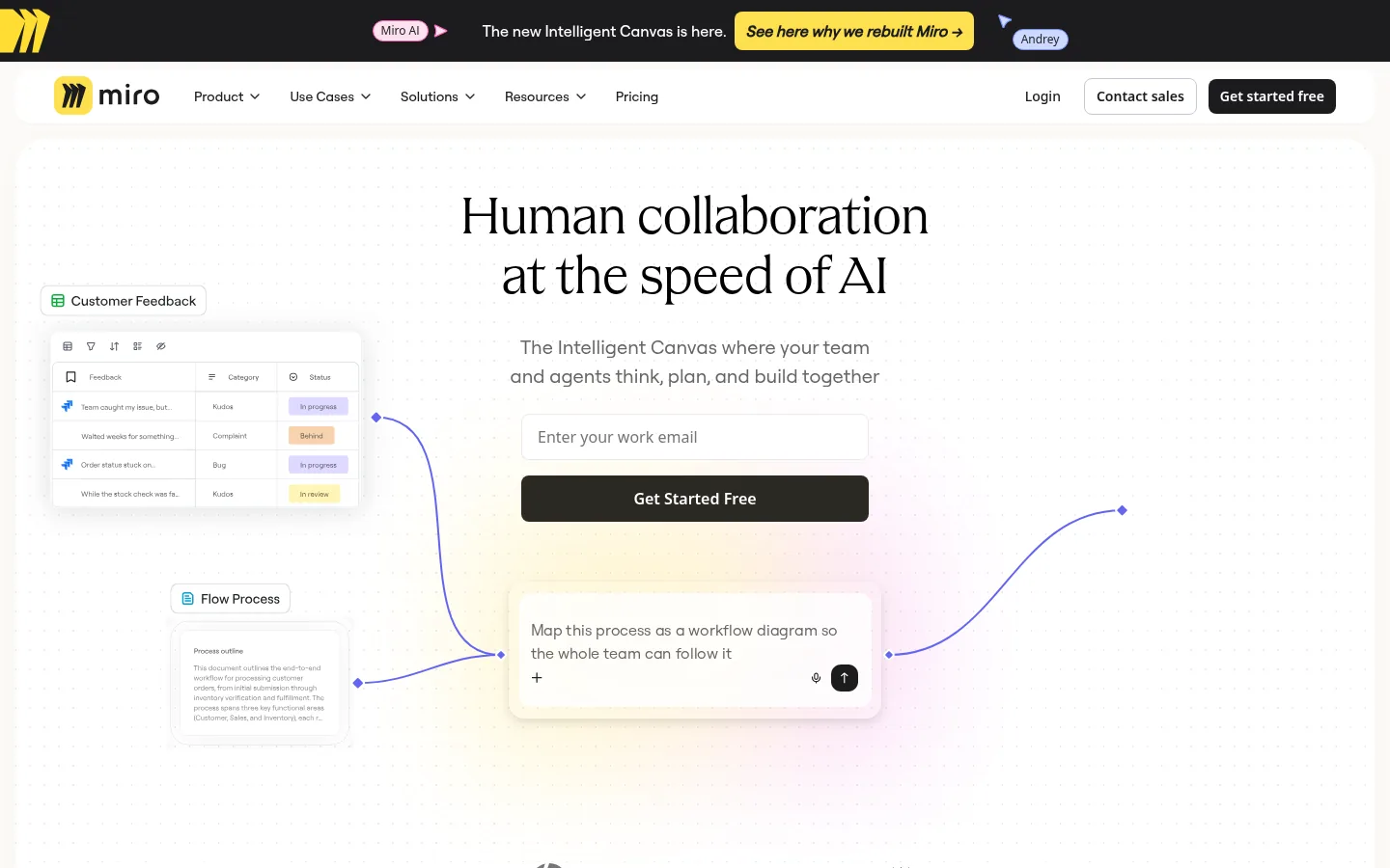 Miro website, showing the home page headline about collaboration at the speed of AI beside a canvas preview