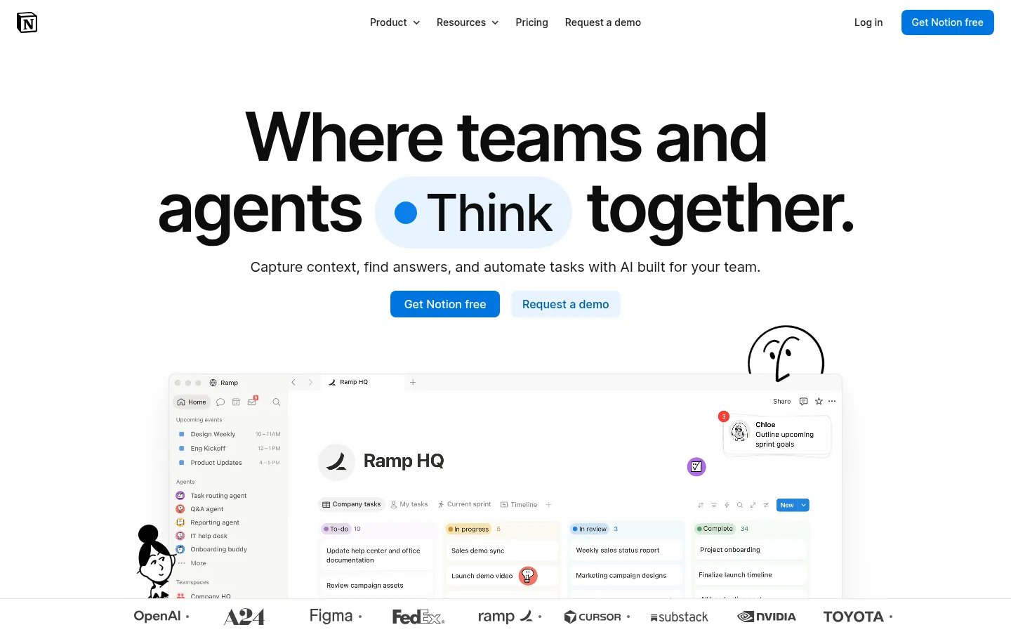 Notion website, showing the home page headline about teams and agents working together