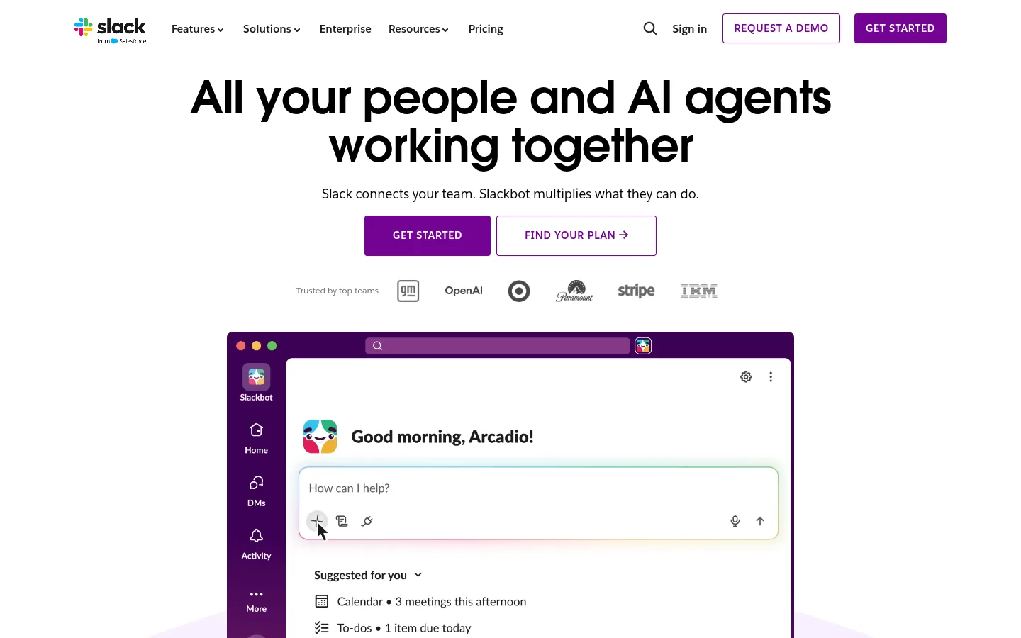 Slack website, showing the home page headline about people and AI agents working together above the Slack app